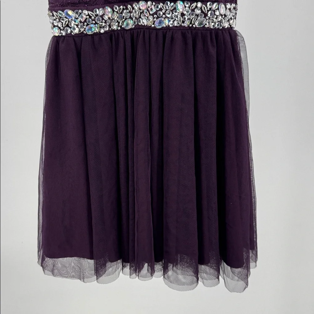 Deb Plum Purple Mini Dress lace tulle rhinestones open back 5 formal HOCO party